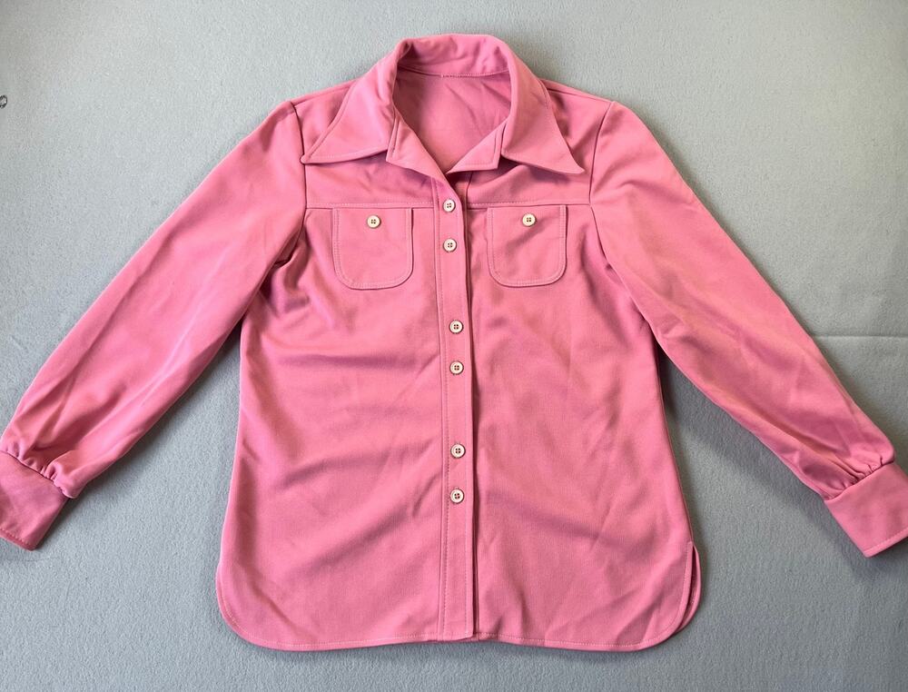 Vintage 70s Retro Pink Long Sleeve, Button Up Top w/ Front Pockets, Button Cuffs